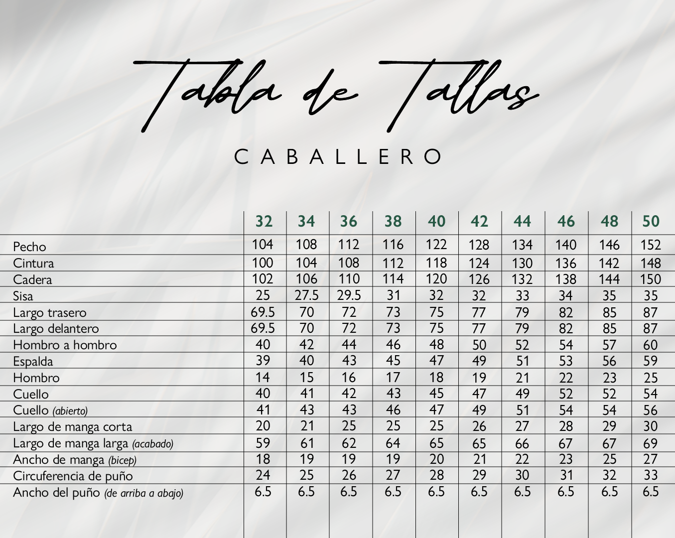 Tabla de medidas detallada de las guayaberas de lino. Cómo elegir la talla correcta para un ajuste perfecto de la camisa de hombre. Información de tallas.