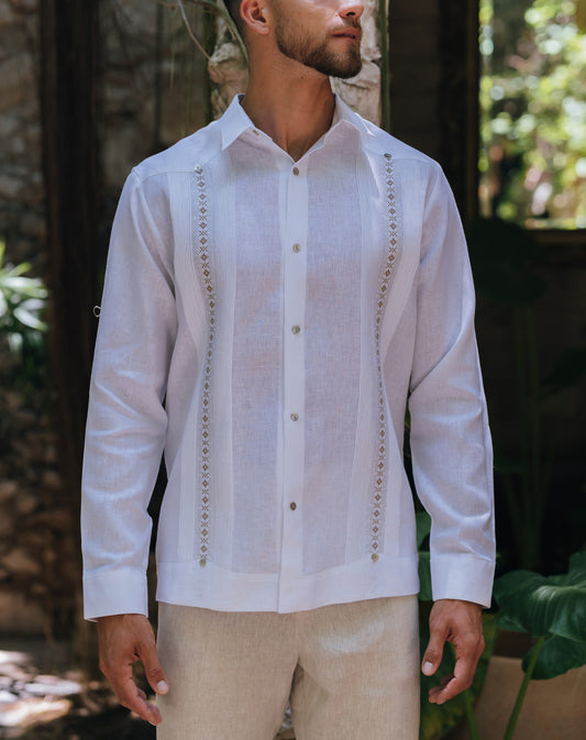 Guayabera Humberto #496 Blanca ML / Caqui - Plata / 100% Lino