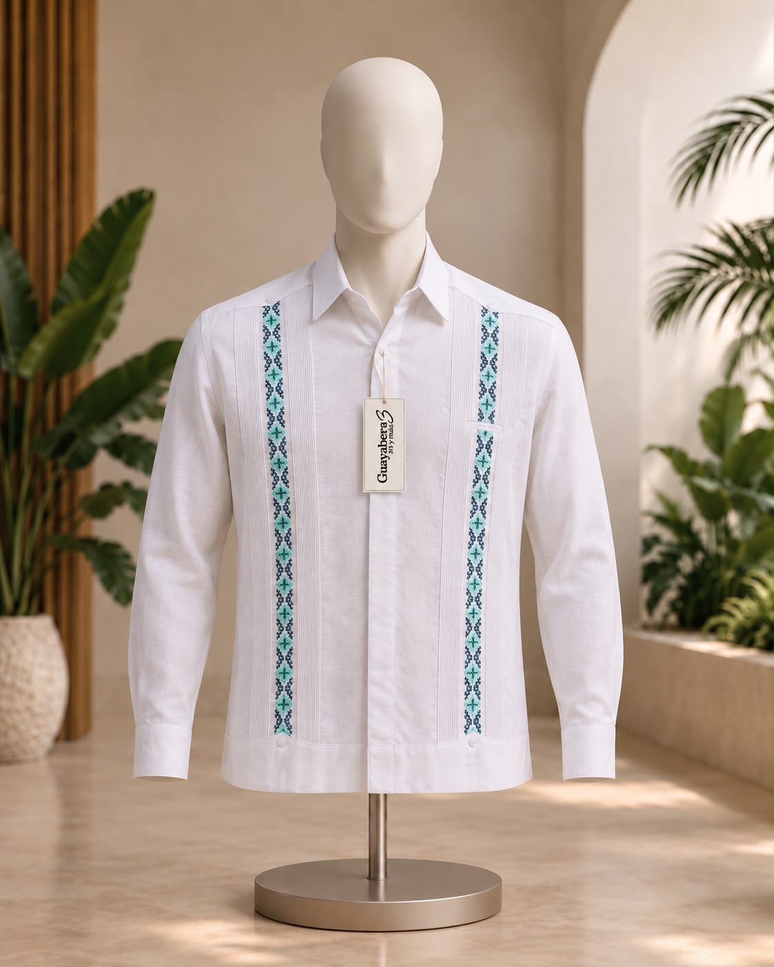 Guayabera Humberto (Liborio) #272 Blanca ML / Verde Jade - Verde Menta
